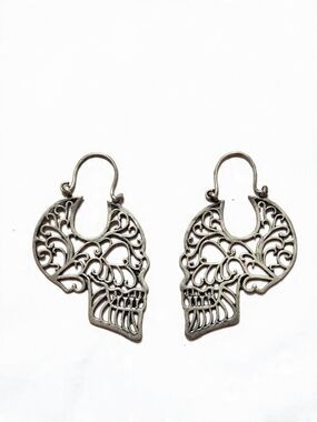 Earthbound Trading Silver Tone Filigree Skull Hoop Earrings Approx 2" Drop